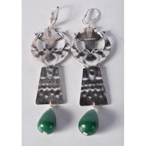 1504 - A Pair of Silver and Jade Egyptian Revival Style Earrings. Stamped Sterling. 8.5cm x 2.5cm, weight 2... 