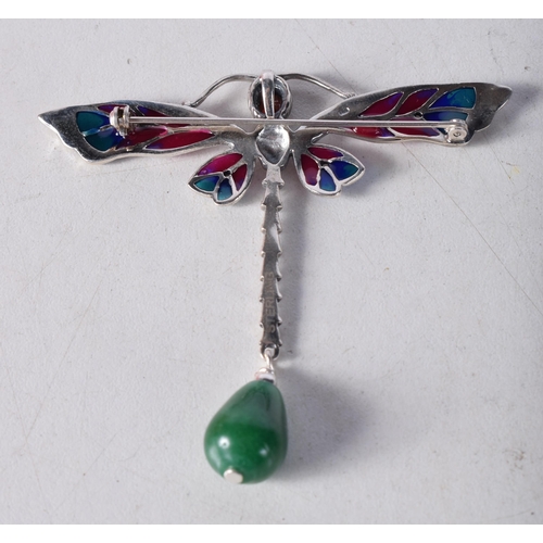 1515 - A Silver Plique a Jour Dragonfly Brooch with a Jade Dropper. Stamped 925. 6.6cm x 6.9cm, weight 11.1... 