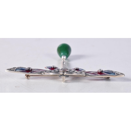 1515 - A Silver Plique a Jour Dragonfly Brooch with a Jade Dropper. Stamped 925. 6.6cm x 6.9cm, weight 11.1... 