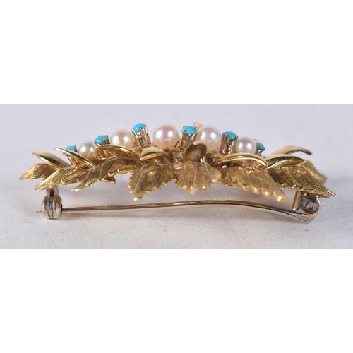 1530 - A 15 Carat Gold Leaf Shaped Brooch set with Pearls and Turquoise. Stamped 15K, 4.9cm x 8.2cm, weight... 