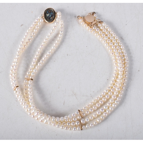 1549 - A Pearl and Black Opal Double Strand Necklace with 14 Carat Gold Catch. Stamped 585. Pearl 3mm, Leng... 