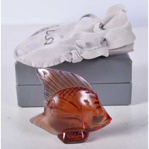 1558 - A Marie Claude Lalique Crystal Glass Fish Sculpture with original pouch and box. 4.7cm 5.3cm x 1.5cm... 