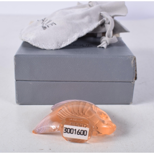 1559 - A Marie Claude Lalique Crystal Glass Fish Sculpture with original pouch and box. 4.7cm 5.1cm x 1.6cm... 