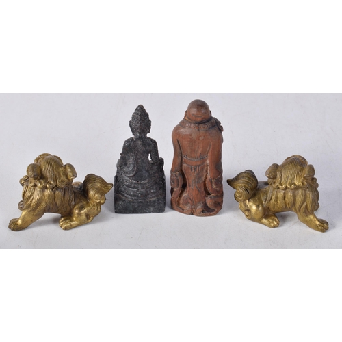 1571 - A Pair of Bronze Temple Dogs together with a Carved Hardwood Figure and a Bronze Deity. Largest 6.7c... 