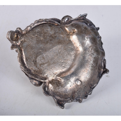 1604 - AN ANTIQUE SILVER PLATED ENAMELLED EYED SPANIEL INKWELL. 15 cm x 12 cm.