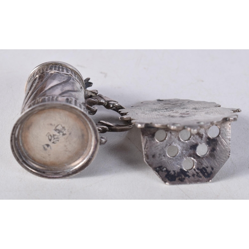 1614 - AN ANTIQUE MINIATURE SILVER TANKARD 7 FONT. 31.8 grams. Largest 8 cm x 3.5 cm. (2)