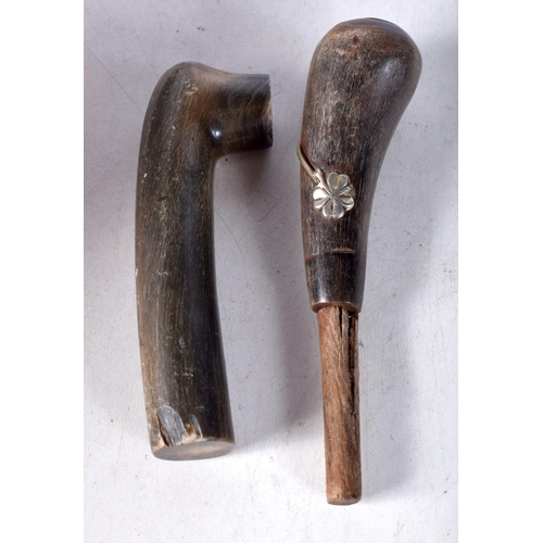 1633 - TWO ANTIQUE RHINOCEROS HORN HANDLES. 79 grams. Largest 12 cm x 3 cm. (2)