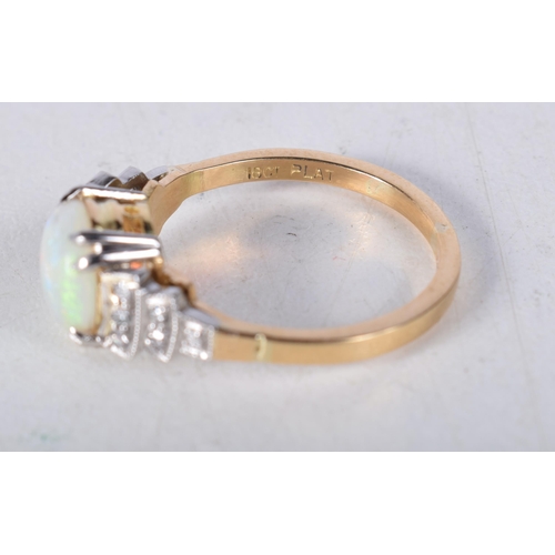 1643 - AN ANTIQUE 18CT GOLD PLATINUM OPAL AND DIAMOND RING. O. 4 grams.