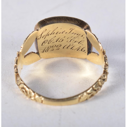 1644 - AN ANTIQUE ENAMEL AND PEARL YELLOW METAL RING. P. 4.2 grams.