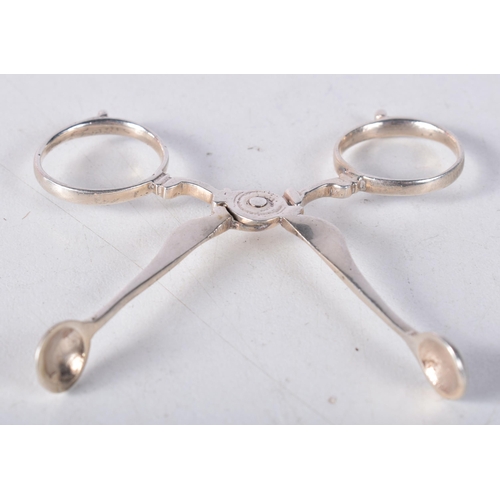 1694 - A PAIR OF RARE ANTIQUE MINIATURE SILVER SUGAR TONGS. 7.9 grams. 7 cm x 3.5 cm.