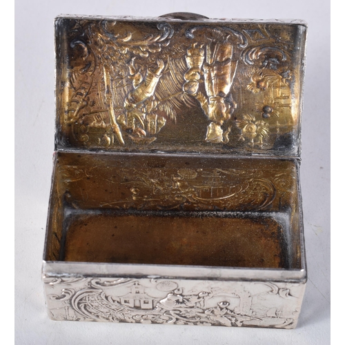 1738 - A Continental Miniature Silver Chest Embossed with Rural Scenes. Stamped 800. 3 cm x 5.4cm x 3.1cm, ... 