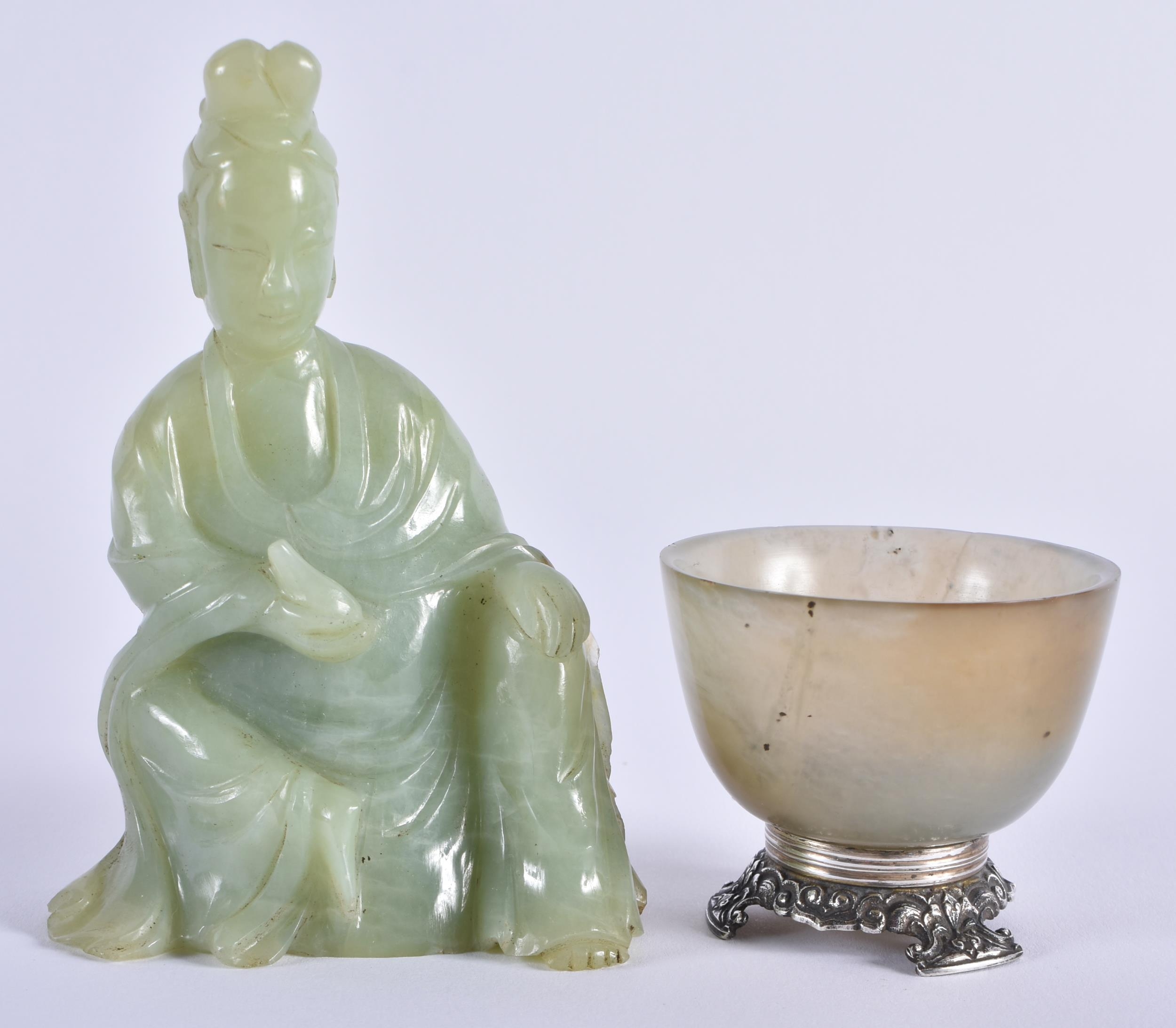 AN EARLY 20TH CENTURY CHINESE JADE FIGURE OF A SEATED IMMORTAL Late Qing Together With A Silver Mou