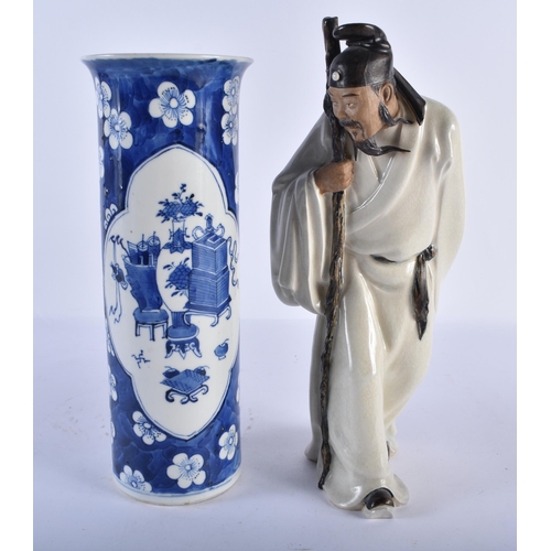 2442 - A 19TH CENTURY CHINESE BLUE AND WHITE PORCELAIN SLEEVE VASE bearing Kangxi marks to base, together w... 