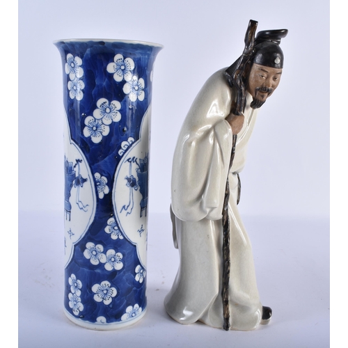 2442 - A 19TH CENTURY CHINESE BLUE AND WHITE PORCELAIN SLEEVE VASE bearing Kangxi marks to base, together w... 