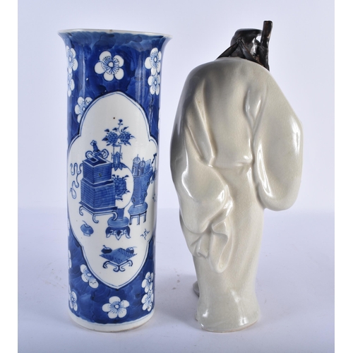 2442 - A 19TH CENTURY CHINESE BLUE AND WHITE PORCELAIN SLEEVE VASE bearing Kangxi marks to base, together w... 