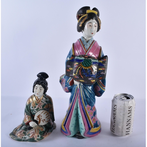 2445 - A LARGE 19TH CENTURY JAPANESE MEIJI PERIOD AO KUTANI FIGURE OF A GEISHA together with a similar smal... 