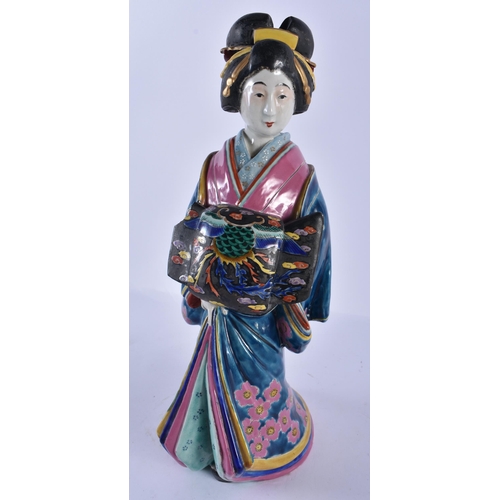 2445 - A LARGE 19TH CENTURY JAPANESE MEIJI PERIOD AO KUTANI FIGURE OF A GEISHA together with a similar smal... 