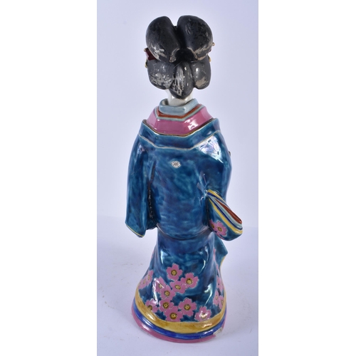 2445 - A LARGE 19TH CENTURY JAPANESE MEIJI PERIOD AO KUTANI FIGURE OF A GEISHA together with a similar smal... 