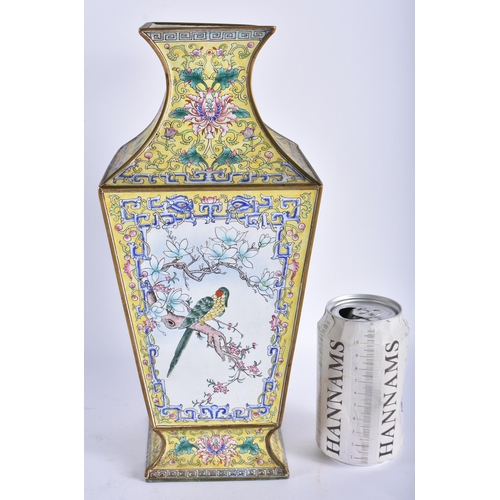 2231 - A LARGE EARLY 20TH CENTURY CHINESE CANTON ENAMEL SQUARE FORM VASE Late Qing/Republic, painted with b... 