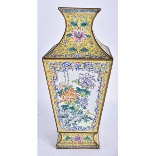 2231 - A LARGE EARLY 20TH CENTURY CHINESE CANTON ENAMEL SQUARE FORM VASE Late Qing/Republic, painted with b... 