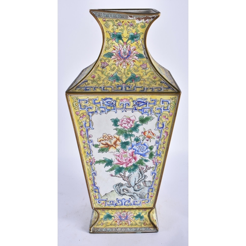 2231 - A LARGE EARLY 20TH CENTURY CHINESE CANTON ENAMEL SQUARE FORM VASE Late Qing/Republic, painted with b... 