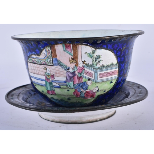 2238 - A 19TH CENTURY CHINESE CANTON ENAMEL BOWL ON STAND Qing, painted with figures and landscapes. 14 cm ... 