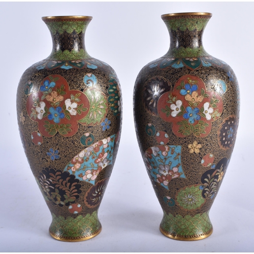 2240 - A PAIR OF 19TH CENTURY JAPANESE MEIJI PERIOD CLOISONNE ENAMEL VASES decorated with foliage and vines... 