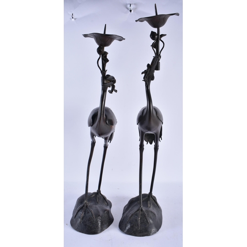 2243 - AN UNUSUALLY LARGE PAIR OF 19TH CENTURY JAPANESE MEIJI PERIOD BRONZE CANDLESTICKS with censers to th... 