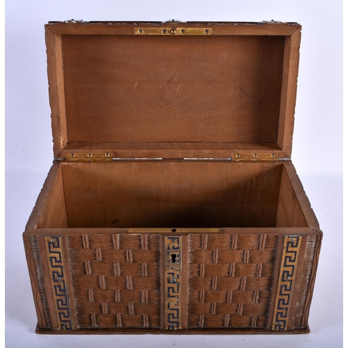 522 - A VERY RARE 19TH CENTURY FRENCH CARVED WOOD BRONZE AND ENAMEL CASKET Tahan of Paris, unusually imita... 