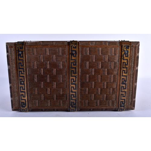 522 - A VERY RARE 19TH CENTURY FRENCH CARVED WOOD BRONZE AND ENAMEL CASKET Tahan of Paris, unusually imita... 