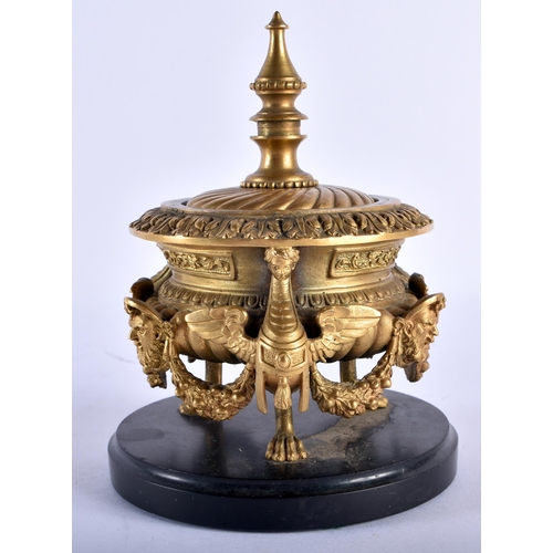 767 - A FINE 19TH CENTURY EUROPEAN GILT BRONZE INKWELL AND COVER formed with winged birds and mask heads. ... 