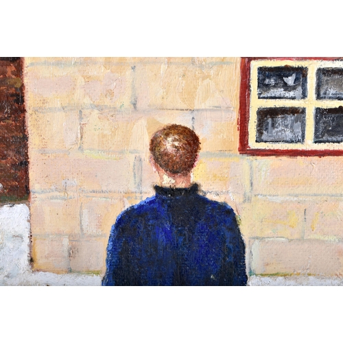 786 - English School (20th Century) Oil on board, Male on a rooftop. 72 cm x 58 cm.