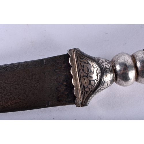 792 - AN ANTIQUE MIDDLE EASTERN PERSIAN SILVER INLAID NIELLO DAGGER with bone handle. 27 cm long.