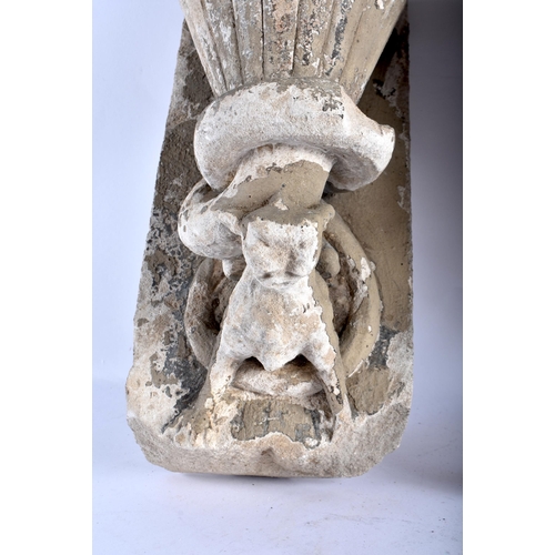 799 - A LOVELY PAIR OF ANTIQUE EUROPEAN COUNTRY HOUSE CARVED LIMESTONE CORBELS formed with grotesque beast... 