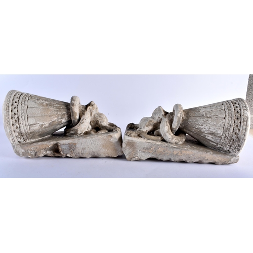 799 - A LOVELY PAIR OF ANTIQUE EUROPEAN COUNTRY HOUSE CARVED LIMESTONE CORBELS formed with grotesque beast... 