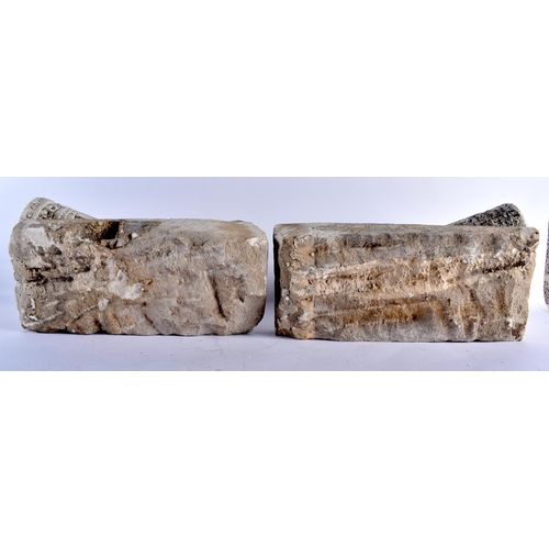 799 - A LOVELY PAIR OF ANTIQUE EUROPEAN COUNTRY HOUSE CARVED LIMESTONE CORBELS formed with grotesque beast... 