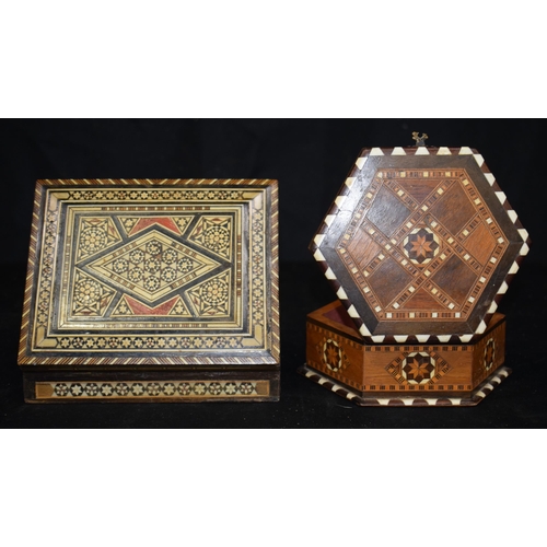 3502 - A mother of Pearl inlaid box with two middle Eastern boxes largest 8 x 18.5 x 18.5 cm (3)