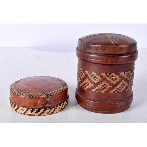 3506 - A collection of small leather encased straw work boxes including a fitted razor 6 x 10 cm (5).