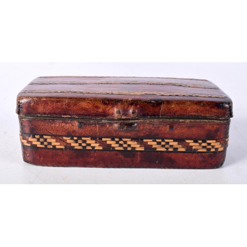 3506 - A collection of small leather encased straw work boxes including a fitted razor 6 x 10 cm (5).