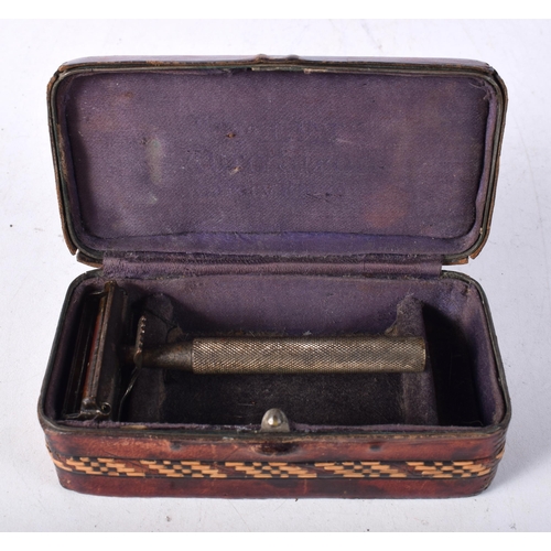 3506 - A collection of small leather encased straw work boxes including a fitted razor 6 x 10 cm (5).