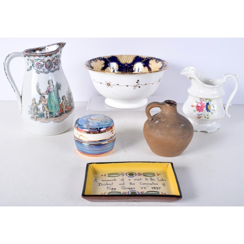 3509 - A group of Ceramics , 1937 Coronation Dish, Lustre ware lidded pot, pottery Jug etc 17 cm (6).