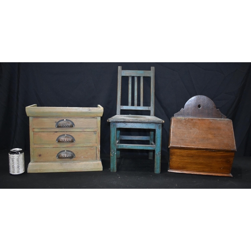 3863 - A collection of vintage wooden items, Childs chair, small chest Church candle box 55 cm.(3).