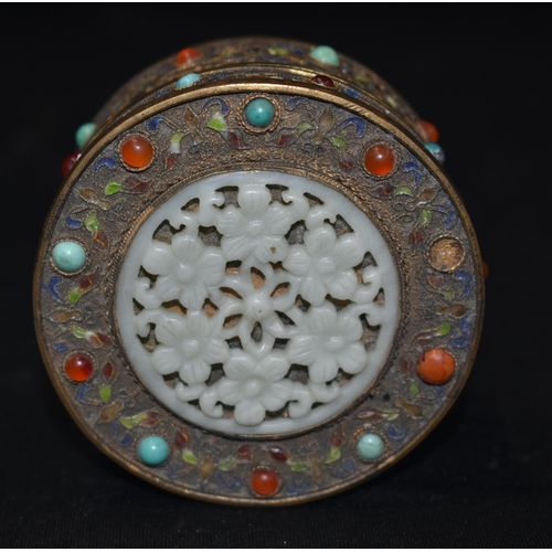 3868 - A Chinese Cloisonne lidded box with a carved hardstone panel decorated with polished beads