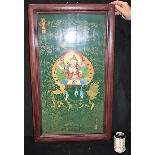 3935 - A large framed Tibetan polychrome Porcelain plaque 78 x 41 cm.