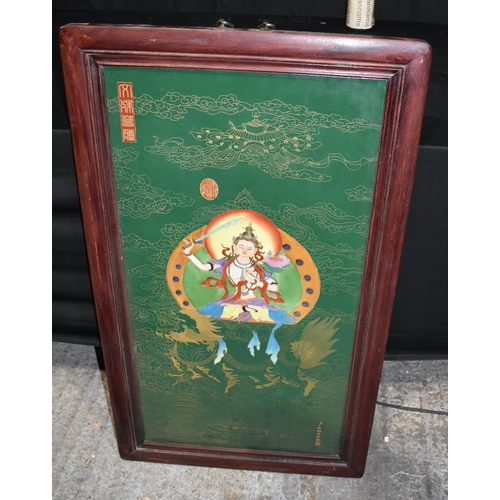 3935 - A large framed Tibetan polychrome Porcelain plaque 78 x 41 cm.