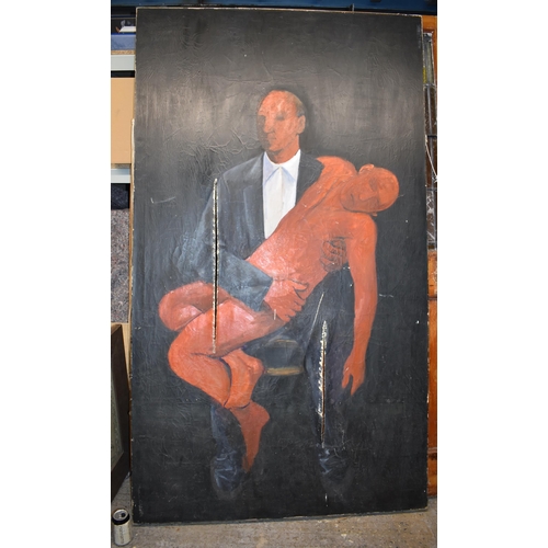 3937 - A large figurative oil on canvas , seated man holding a naked man 200 x 114 cm.