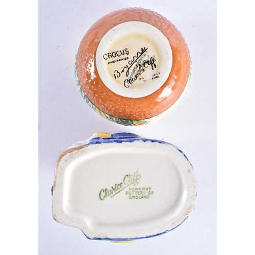 100 - A CLARICE CLIFF CROCUS BOWL together with a Clarice Cliff character jug. Largest 7 cm wide. (2)