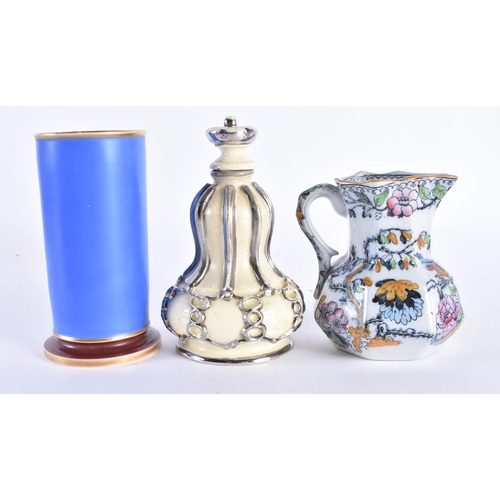 105 - AN UNUSUAL SILVER LUSTRE OVERLAID SCENT BOTTLE together a coalport box etc. Largest 11.5cm high. (5)