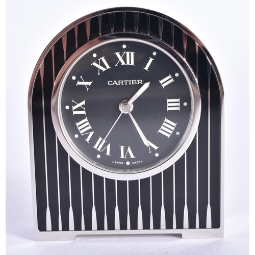 114 - A BOXED CARTIER LIMITED EDITION BLACK ENAMELLED DESK CLOCK. 8 cm x 6.5cm.