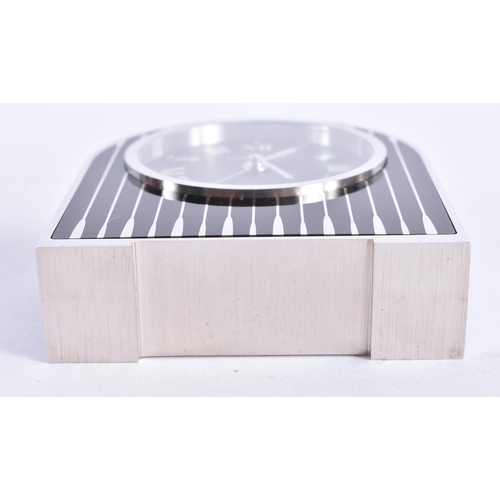 114 - A BOXED CARTIER LIMITED EDITION BLACK ENAMELLED DESK CLOCK. 8 cm x 6.5cm.